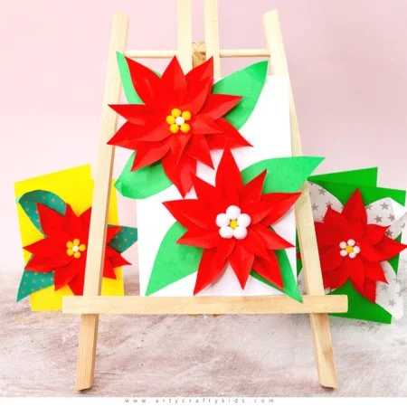 Easy Poinsettia Christmas Card crafting project for kids