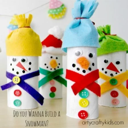 Crafted paper roll snowman made from recycled materials.