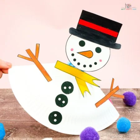 Rocking paper plate snowman craft for kids, an engaging winter activity.