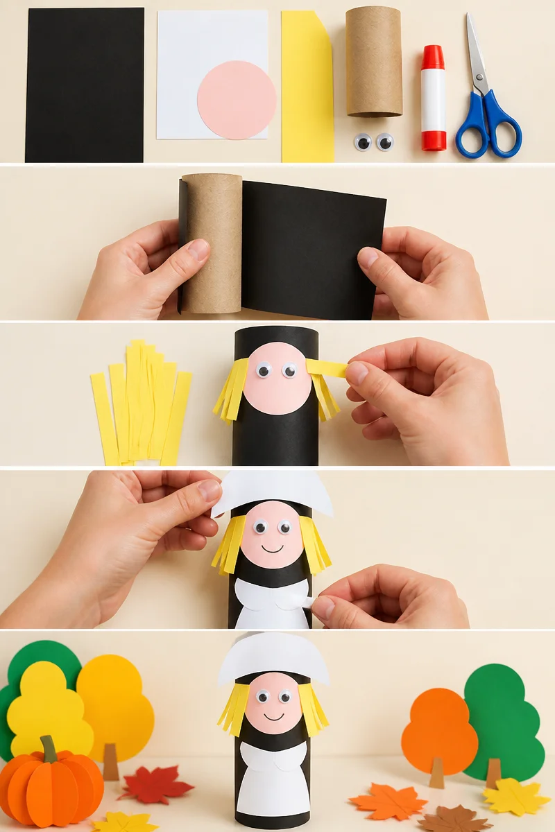 Adorable Toilet Paper Roll Pilgrim Girl Craft for Kids That Teaches Thanksgiving History!