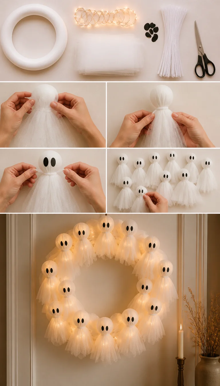 Easy DIY Lighted Ghost Wreath for Halloween | Pottery Barn Look | Ghost Wreath for Porch, Ghost Wreath DIY, Halloween Crafts for Adults