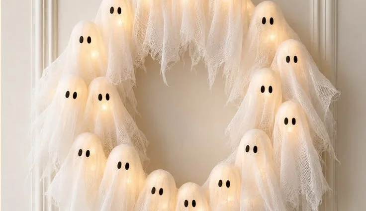 Easy DIY Lighted Ghost Wreath for Halloween | Pottery Barn Look | Ghost Wreath for Porch, Ghost Wreath DIY, Halloween Crafts for Adults